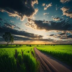 Beautiful summer rural landscape, Panorama of summer green field with Empty road and Sunset cloudy sky