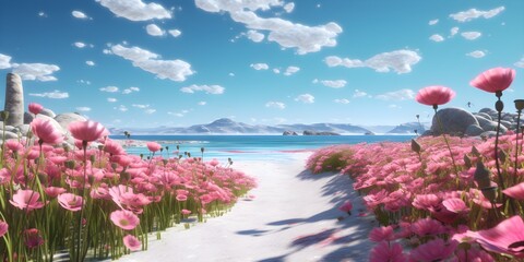 "Tropical Tranquility: Pink Poppies Blossoming on the Island" | Background Design | Generative AI Artwork