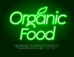 Vector green Emblem Organic Food. Bright Neon Font. Modern Electric Alphabet Letters and Numbers