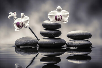 Obraz na płótnie Canvas Black and white Orchids and spa stones balance on calm water. Generative AI illustration