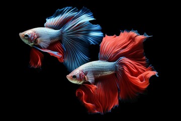 Fototapeta premium Beautiful full-bodied Thai Siamese Betta fighting fish with red and blue tail and fin, showcasing its vibrant colors. Isolated on a black background. Generative AI