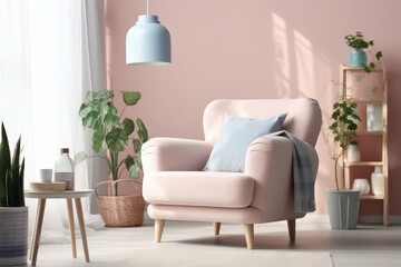 Pastel living room interior with wooden table, armchair, and pink lamp. Plants add a touch of greenery.  Generative AI