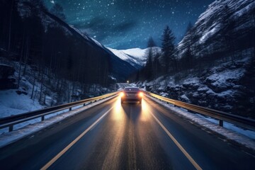 A picturesque scene showcasing an automobile driving along an empty mountainous road in the wintertime, with the night sky above adorned by the mesmerizing glow of the stars Generative AI