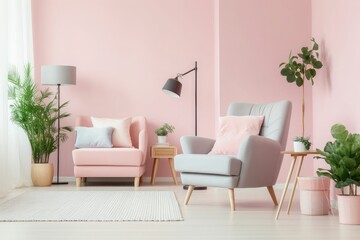Fototapeta na wymiar Pastel living room interior with wooden table, armchair, and pink lamp. Plants add a touch of greenery. Generative AI