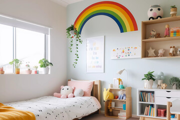 Chambre d'enfant avec un arc-en-ciel sur le mur. Photo générée par IA