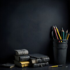 School and education concept.Copy space. Chalk board and old books. Pens and pencils in a bucket.Chalk rubbed out on blackboard. Chalkboard background