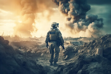 Fototapeta premium Faceless Soldier walking in destroyed city. Generative AI illustration