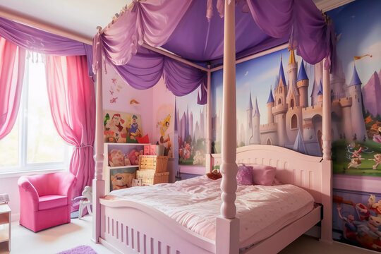 Lit &agrave; baldaquin dans une chambre de princesse. Photo g&eacute;n&eacute;r&eacute;e par IA
