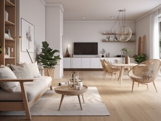 Scandinavian comfortable living room, wooden floor and furniture. Generative AI