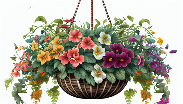 Detailed illustration of a beautiful colorful hanging indoor flowers isolated on white background Ai generated image