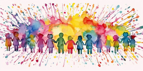 Rainbow Colors of Unity: Embracing Love, Diversity, and Acceptance with Vibrant Watercolor Depictions of Colorful Children Holding Hands.