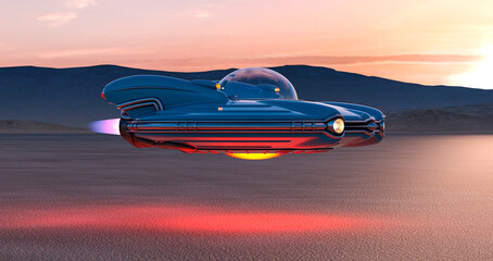 Fototapeta na wymiar retro ufo spaceship is passing by on the desert side view in the afternoon