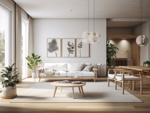 Fototapeta Scandinavian comfortable living room, wooden floor and furniture. Generative AI