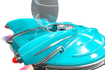 rear close up on retro ufo spaceship with dome open