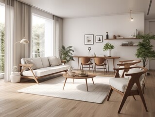 Naklejka na ściany i meble Scandinavian comfortable living room, wooden floor and furniture. Generative AI