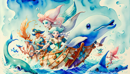 The Fairytale Mermaid Swims through the Ocean with Dolphins, Generative AI.