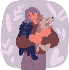 Vector illustration of A woman having fun playing time with her cat and dog.