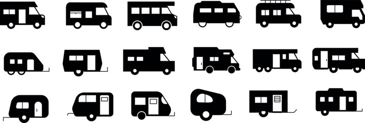 Set of caravan, camper van, and motorhome black icons