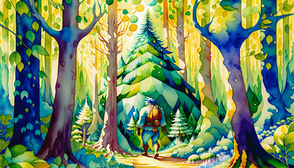 AA Large Giant Walking through a Magic Forest, in Watercolor Style, Generative AI.