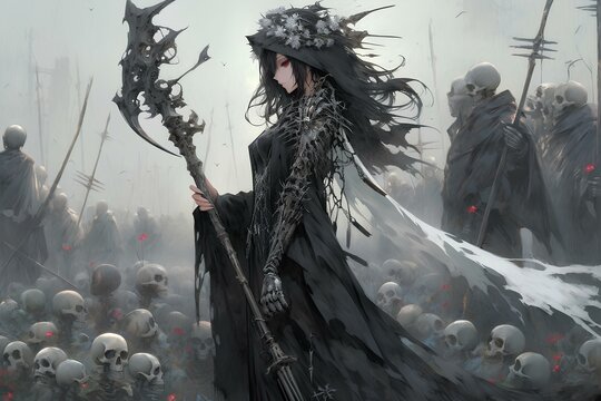 beautiful female necromancer in a graveyard, concept art style anime Illustration. generative AI