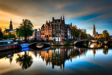 Fototapeta na wymiar A beautiful photo of Amsterdam shows canals, houses and bridges at sunset, reflecting in the water, surrounded by trees