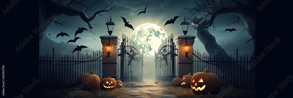 Wall mural Spooky halloween night celebration with Jack O Lanterns design on dark forest background with moon and pumpkins Generative AI illustrations