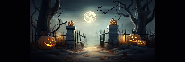 Spooky halloween night celebration with Jack O Lanterns design on dark forest background with moon and pumpkins Generative AI illustrations