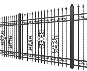 Elements of forded fence with supports. Wrought iron fence. 3D render. PNG file.