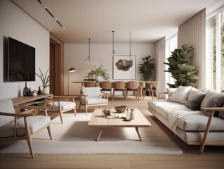 Obraz na płótnie Canvas Scandinavian comfortable living room, wooden floor and furniture. Generative AI