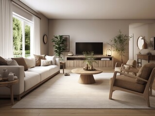 Scandinavian comfortable living room, wooden floor and furniture. Generative AI