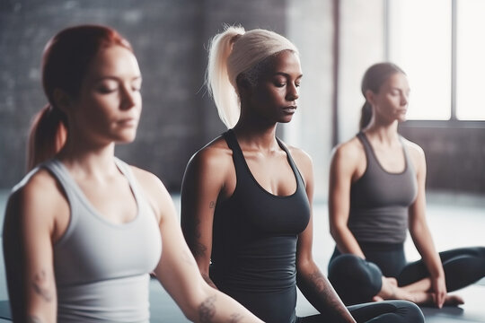 Group of mixed race people practicing yoga in the gym