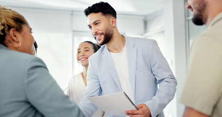 Business people, man and woman with handshake for agreement, contract and partnership in office....