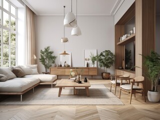 Fototapeta na wymiar Scandinavian comfortable living room, wooden floor and furniture. Generative AI