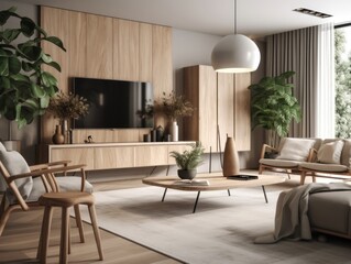 Fototapeta premium Scandinavian comfortable living room, wooden floor and furniture. Generative AI
