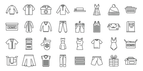 Clothes donation icons set outline vector. Giving container. Donate sweater