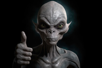 Alien humanoid portrait on dark background. Extraterrestrial humanoid shows thumb up gesture. Friendly alien. Created with Generative AI