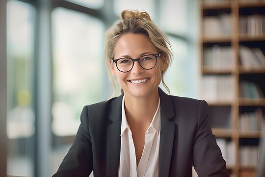 A German Female Accountant Smiling Talking To Her Clients At A Table In Her Light Filled Office. Generative AI