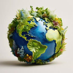 Ecology concept. A globe of planet earth with blue oceans, green plants and flowers. Generative AI - obrazy, fototapety, plakaty