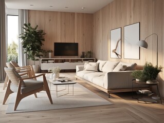 Naklejka na ściany i meble Scandinavian comfortable living room, wooden floor and furniture. Generative AI