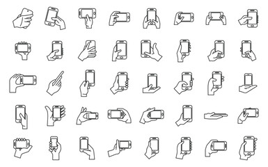 Hand holding phone icons set outline vector. Mobile chat. Hand messenger