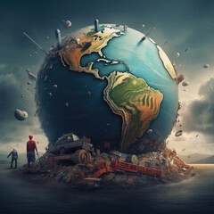 Globe of planet earth with man-made garbage on a dark background, environmental pollution concept. Generative AI