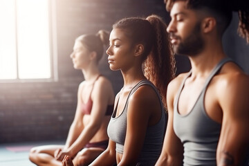 Group of mixed race people practicing yoga in the gym