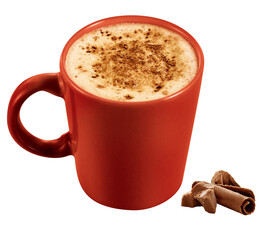 xícara vermelha com cappuccino acompanhado de raspa de chocolate isolado em fundo transparente - caneca com chocolate quente