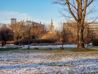 View over Mokotowskie Field towards Palace of Culture and Science, Warsaw, Masovian Voivodeship,...