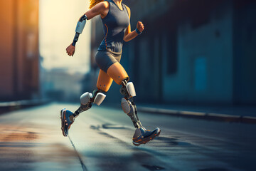 Young girl with both prosthetic arm and legs runs along the city street. Generative AI. - obrazy, fototapety, plakaty