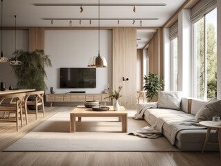 Fototapeta premium Scandinavian comfortable living room, wooden floor and furniture. Generative AI