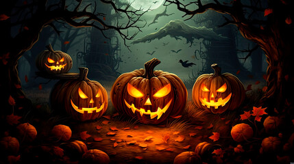 Scary Jack o lanterns guard a path in a dark forest - Halloween Illustration - Generative AI