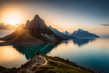 Fototapeta na wymiar sunrise over the lake and mountains.Generative AI Technology