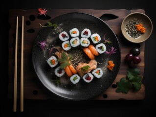 Top view of delicious sushi rolls on black table, Japanese food. Generative AI