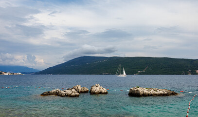 A beautiful view of the sea coast with boats, a place for summer vacation. Adriatic Sea.
